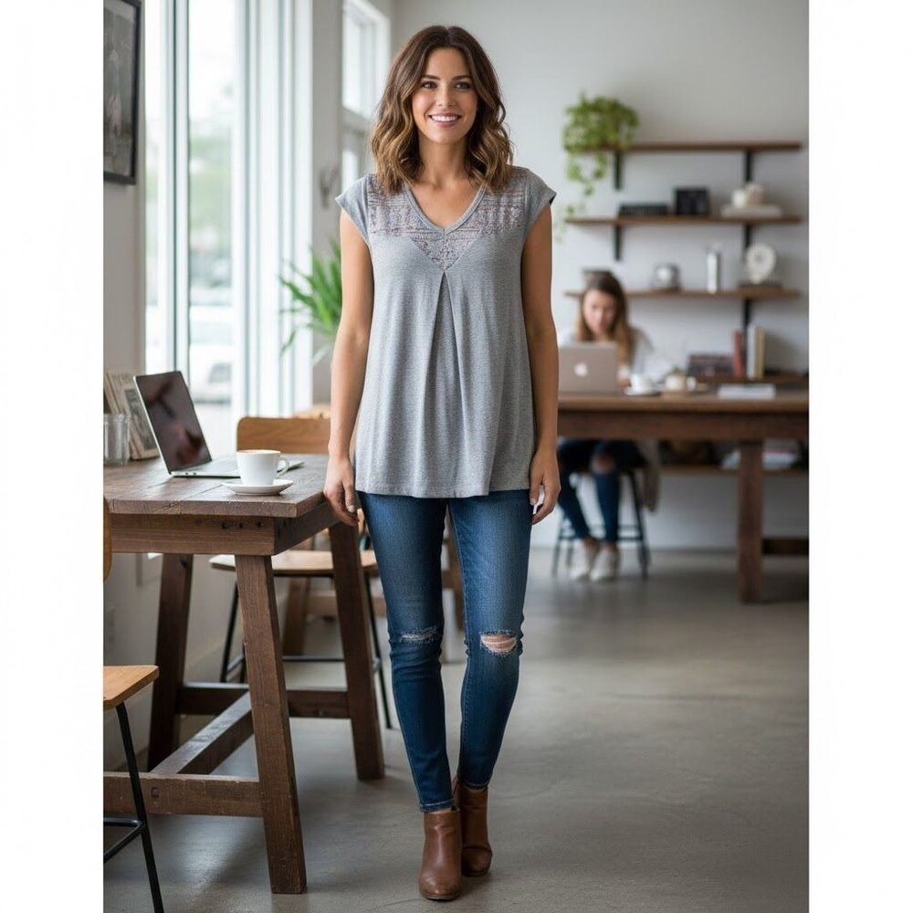 Doe & Rae Womens Gray Sleeveless Top W/ Lace Detail Size M